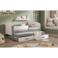 Dětská postel z masivu borovice OWEN s přistýlkou a šuplíky - 180x80 cm - šedá/bílá
