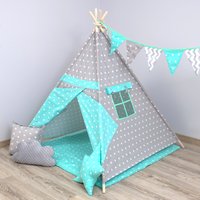 Dětský stan TEEPEE (TÝPÍ) MINT S HVĚZDIČKAMI + doplňky