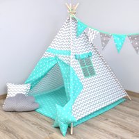 Dětský stan TEEPEE (TÝPÍ) MINT S VLNKAMI + doplňky