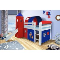 Dětská VYVÝŠENÁ postel se skluzavkou PIRÁTI modročervení - BÍLÁ