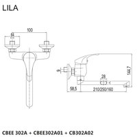 Dřezová nástěnná baterie, Lila, 100 mm, s ramínkem plochým rovným 210 mm, chrom