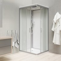 Sprchový box, čtvercový, 90 cm, profily satin, sklo Point, záda bílá, litá vanička, se stříškou