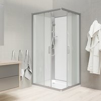 Sprchový box, čtvercový, 90 cm, profily satin, sklo Point, záda bílá, litá vanička, bez stříšky
