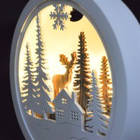Dekorační LED medailonek - jelen u chatky - dřevěný