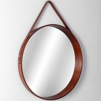 Kulaté zrcadlo na pásku LOFT 59 cm s dřevěným rámem - tmavě hnědé