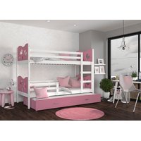 Dětská patrová postel s přistýlkou MAX Q - 200x90 cm - růžovo-bílá - motýlci