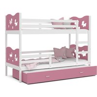 Dětská patrová postel s přistýlkou MAX Q - 190x80 cm - růžovo-bílá - motýlci