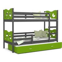 Dětská patrová postel s přistýlkou MAX Q - 190x80 cm - zeleno-šedá - motýlci