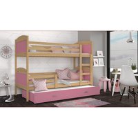 Dětská patrová postel s přistýlkou MATTEO - 200x90 cm - růžová/borovice