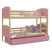 Dětská patrová postel se šuplíkem MATTEO - 190x80 cm - růžová/borovice