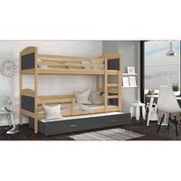Dětská patrová postel s přistýlkou MATTEO - 200x90 cm - šedá/borovice