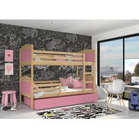 Dětská patrová postel se šuplíkem MATTEO - 190x80 cm - růžová/borovice