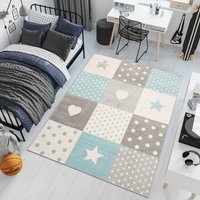 Kusový koberec AZUR srdíčka a hvězdičky - šedý/tyrkysový/bílý
