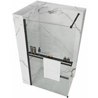 Koupelnová pevná zástěna MAXMAX Rea AERO 100 cm s policí a věšákem na ručníky - černá matná - čiré sklo