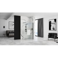 Koupelnová pevná zástěna MAXMAX Rea AERO 90 cm s policí a věšákem na ručníky - černá matná - čiré sklo