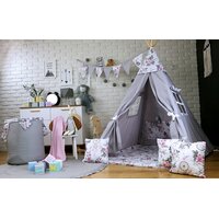 Dětský stan TEEPEE (TÝPÍ) LAPAČE SNŮ A RŮŽE s doplňky - šedý/bílý