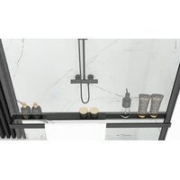Sprchová zástěna MAXMAX Rea BLER 110 cm s policí a věšákem na ručníky - černá matná - čiré sklo