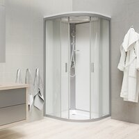 Sprchový box, čtvrtkruh, 80 cm, satin ALU, sklo Point, zadní stěny bílé, litá vanička, se stříškou