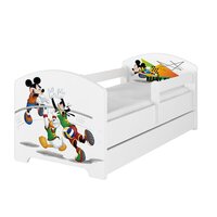 SKLADEM: Dětská postel Disney se šuplíkem - MICKEY VOLLEYBALL 140x70 cm - norská borovice + 2x krátká bariérka