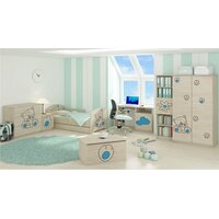 SKLADEM: Dětská postel s výřezem se šuplíkem KOČIČKA - modrá 160x80 cm + 1 dlouhá a 1 krátká zábrana