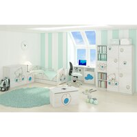 SKLADEM: Dětská postel s výřezem se šuplíkem KOČIČKA - modrá 160x80 cm + 1 dlouhá a 1 krátká zábrana