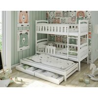 Dětská patrová postel z masivu borovice HERMIONA s přistýlkou a šuplíky - 200x90 cm - světle šedá
