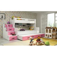 Dětská patrová postel s rozšířeným spodním lůžkem a přistýlkou MAXÍK 3 bílo-růžová- 200x120 cm