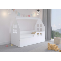 Dětská domečková postel KIDHOUSE - bílá - pravá - 140x70 cm + matrace