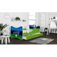 SKLADEM: Dětská postel KEVIN se šuplíkem - 140x70 cm - FOTBALOVÝ STADION - bílá + matrace