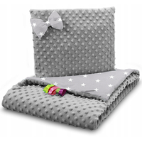 Dětská deka do kočárku s polštářkem a motýlkem - BABYMAM PREMIUM set 3v1 - Bílé hvězdičky s šedou minky