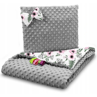 Dětská deka do kočárku s polštářkem a motýlkem - PREMIUM set 3v1 - Makové květy s šedou minky