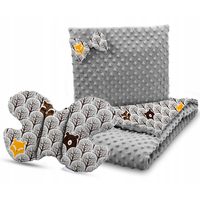 Dětská deka do kočárku s polštářkem a motýlkem - BABYMAM PREMIUM set 3v1 - Skandinávský les hnědý s šedou minky