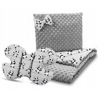 Dětská deka do kočárku s polštářkem a motýlkem - BABYMAM PREMIUM set 3v1 - Veselé pandy s šedou minky