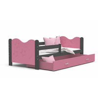 Dětská postel se šuplíkem MIKOLÁŠ - 160x80 cm - růžovo-šedá - měsíc a hvězdičky