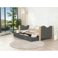 Dětská postel se šuplíkem MIKOLÁŠ - 160x80 cm - šedá/borovice - měsíc a hvězdičky