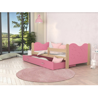 Dětská postel se šuplíkem MIKOLÁŠ - 190x80 cm - růžová/borovice - měsíc a hvězdičky