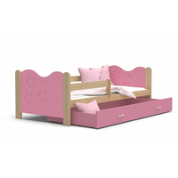 Dětská postel se šuplíkem MIKOLÁŠ - 190x80 cm - růžová/borovice - měsíc a hvězdičky