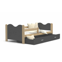 Dětská postel se šuplíkem MIKOLÁŠ - 190x80 cm - šedá/borovice - měsíc a hvězdičky