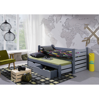 Dětská postel z masivu borovice MATYÁŠ s přistýlkou a šuplíky - 200x90 cm - grafit/šedá