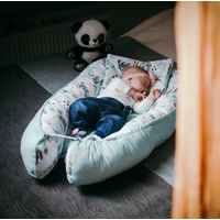 Oboustranné hnízdečko (kokon) pro miminko - BABYMAM PREMIUM set 7v1 - Mátové květy v zahradě s mátovou minky