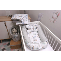 Oboustranné hnízdečko (kokon) pro miminko - BABYMAM PREMIUM set 7v1 - Vlk a kamarádi s šedou minky