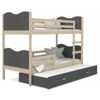 Dětská patrová postel s přistýlkou MAX Q - 190x80 cm - šedá/borovice - srdíčka