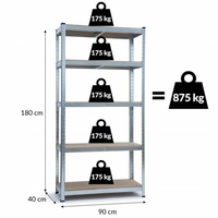 Úložný regál METAL - kovový - 90x40x180 cm - nosnost 875 kg - ČERNÝ