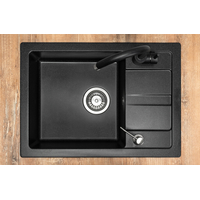 Kuchyňský granitový dřez REA NILS - 62 x 44 cm - černý kropenatý + baterie + dávkovač mýdla