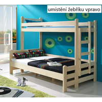 Dětská patrová postel s rozšířeným spodním lůžkem a šuplíky BENJAMIN - přírodní borovice - 200x90/120 cm