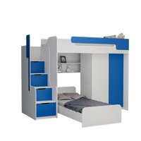 Dětská vyvýšená postel s dodatkovým lůžkem a skříní DORIAN II - 200x90 cm - modrá