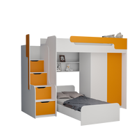 Dětská vyvýšená postel s dodatkovým lůžkem a skříní DORIAN II - 200x90 cm - oranžová