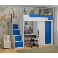 Dětská vyvýšená postel s psacím stolem a skříní DORIAN - 200x90 cm - modrá