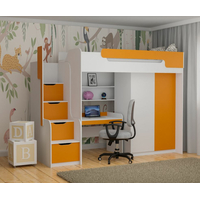 Dětská vyvýšená postel s psacím stolem a skříní DORIAN - 200x90 cm - oranžová