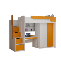 Dětská vyvýšená postel s psacím stolem a skříní DORIAN - 200x90 cm - oranžová